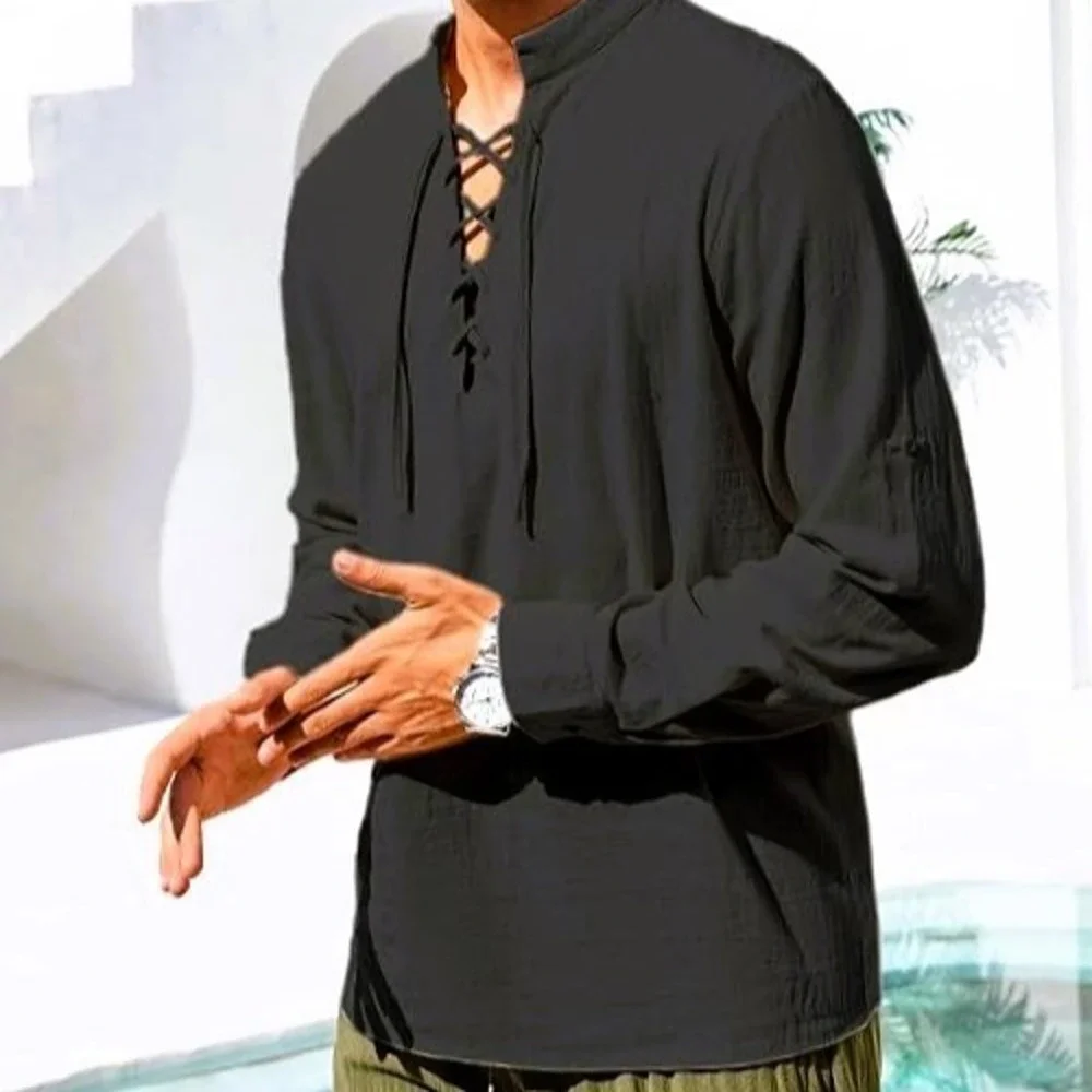 Luc Matton NWT Men's Summer T-Shirt V-Neck Drawstring Tied Collar Long Sleeve L - Picture 2 of 5